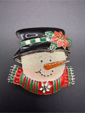 Classic Snowman Enamel Brooch Pin Glitter Holiday Signed SFJ 49374